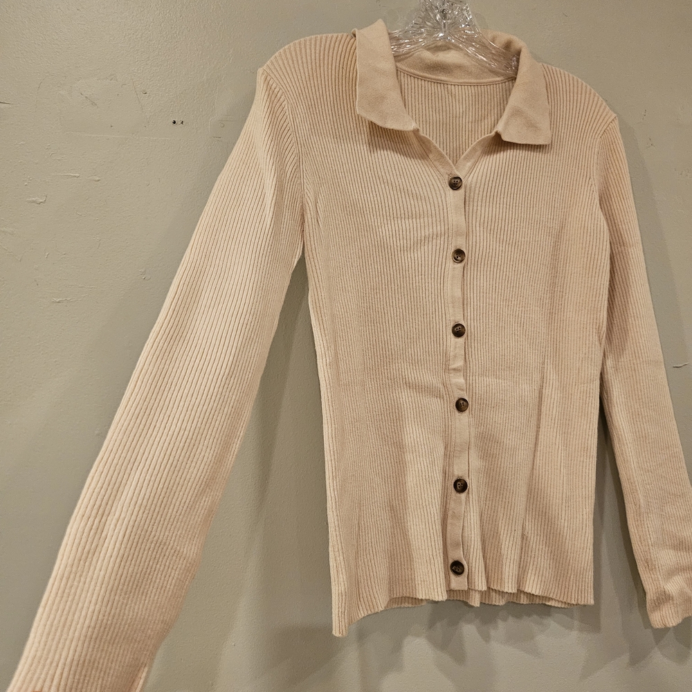 Beige Ribbed Button-Up Cardigan